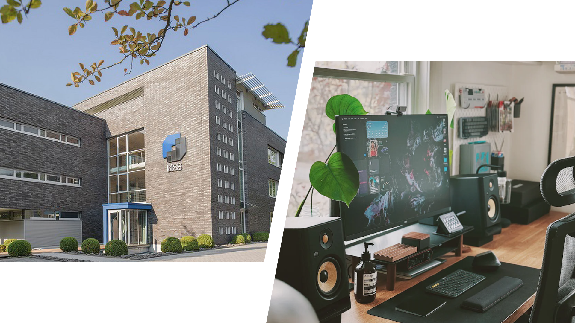 Zwei Bilder gegenüber gestellt: BISS Firmengebäude und ein symbolischer HomeOffice-Arbeitsplatz